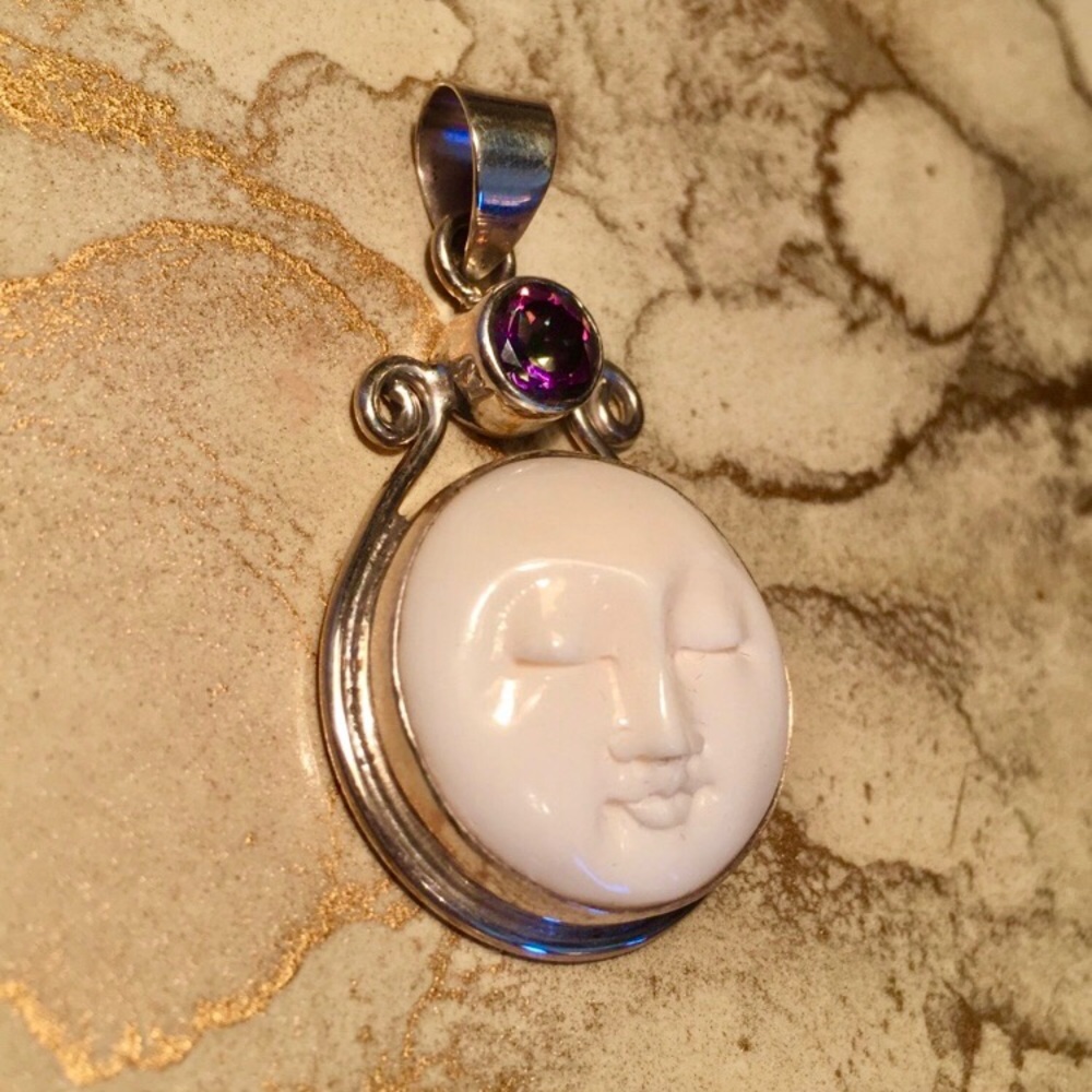 Carved Bone Pendant with Mystic Topaz in Sterling